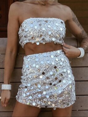 Silver Sequin Two-Piece Tube Top & Mini Skirt Set